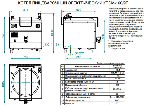 Котел пищеварочный электрический Abat КПЭМ-160/9Т Котел пищеварочный электрический Abat КПЭМ-160/9Т